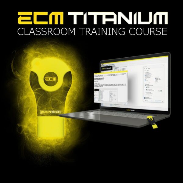 ECM Titanium and laptop with the text ECM Titanium Classroom training course above
